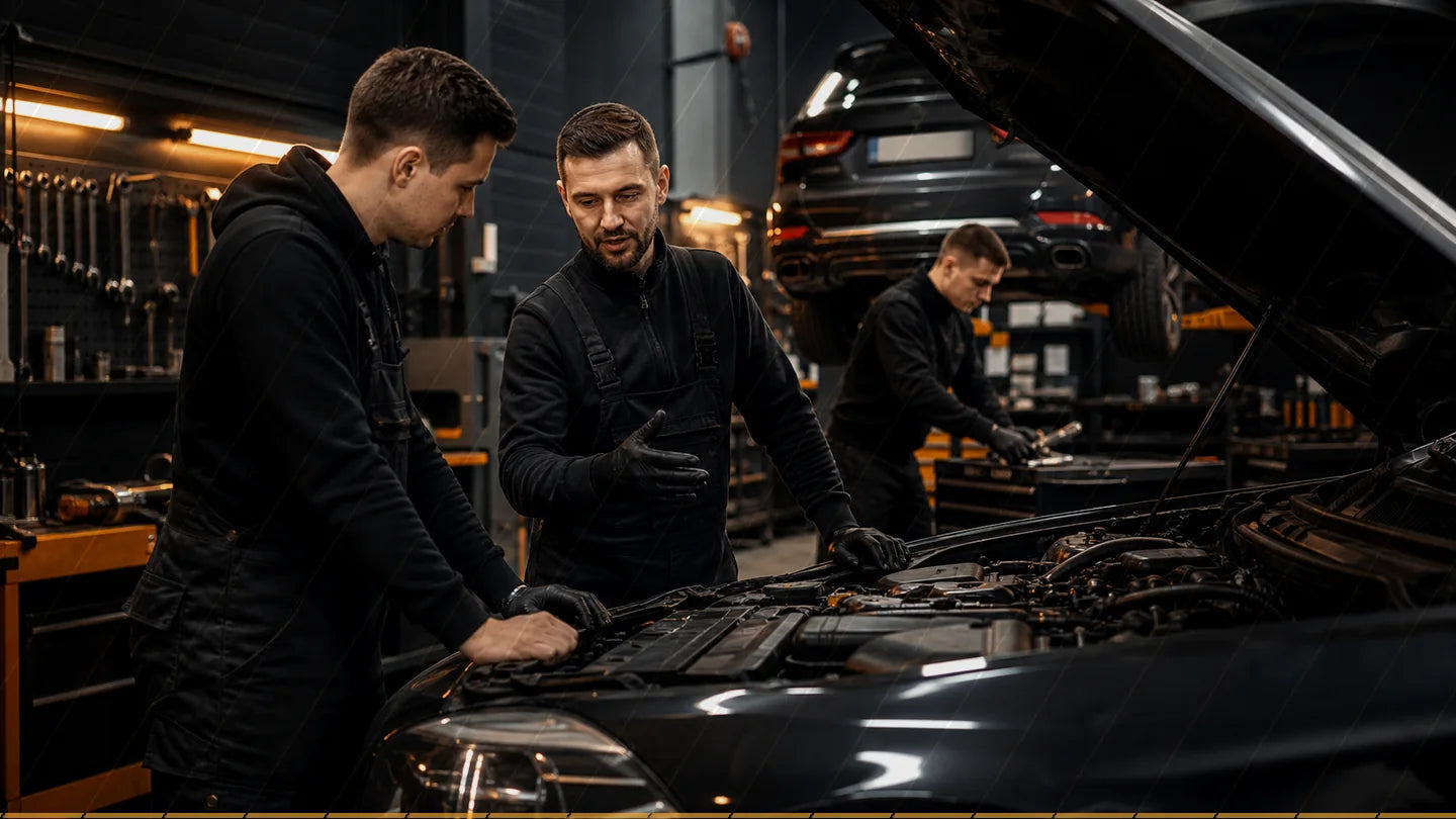 Mechanicy BB Garage przy pracy w warsztacie
